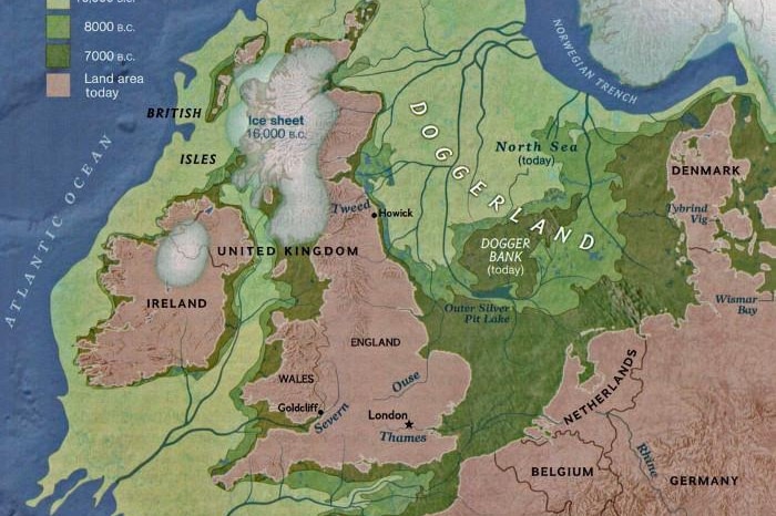 Map of United Kingdom and Western Europe, including the lost land mass of Doggerland.