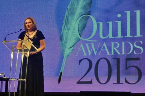 Adele Ferguson accepts the Graham Perkins award in Melbourne.
