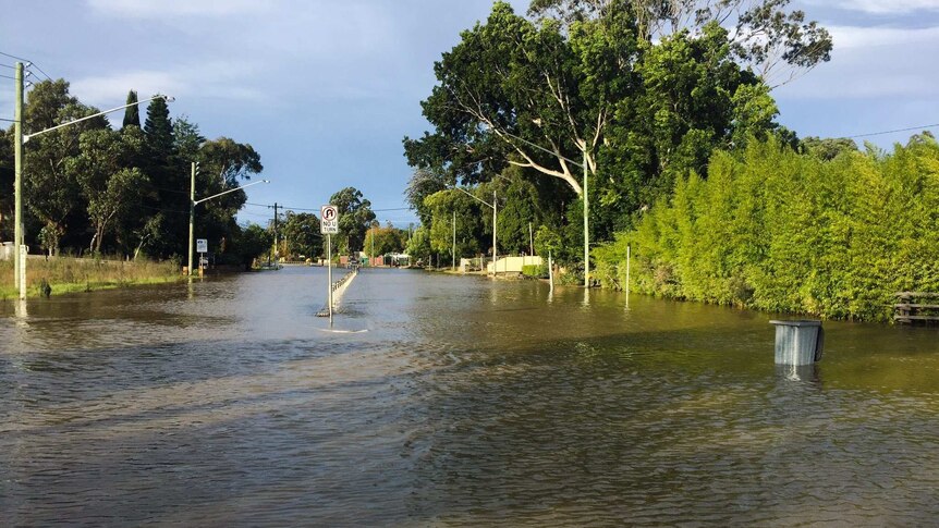 Part of Newbridge Road at Chipping Norton in Sydney's south west was flooded.