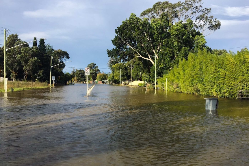 Part of Newbridge Road at Chipping Norton in Sydney's south west was flooded.