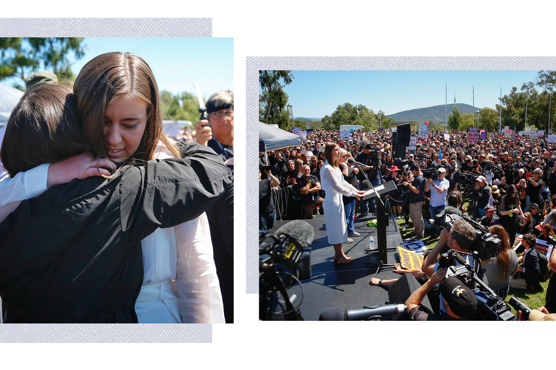 Brittany Higgins embraces another woman, beside another wider photo of her addressing a protest from a stage.