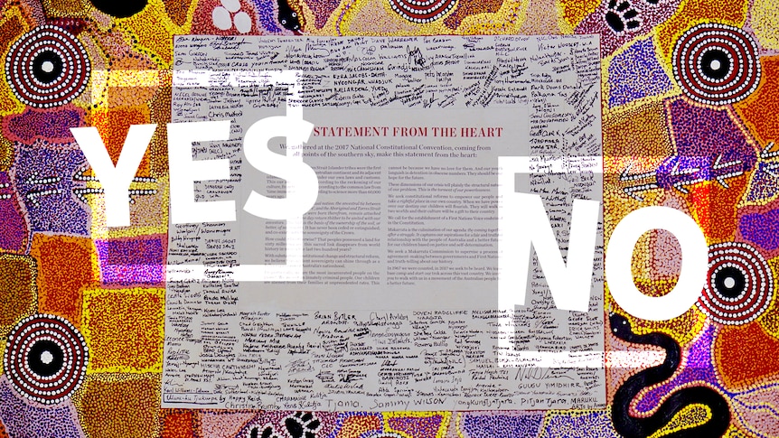 The Uluru Statement from the Heart poster with tick and cross boxes overlaid.
