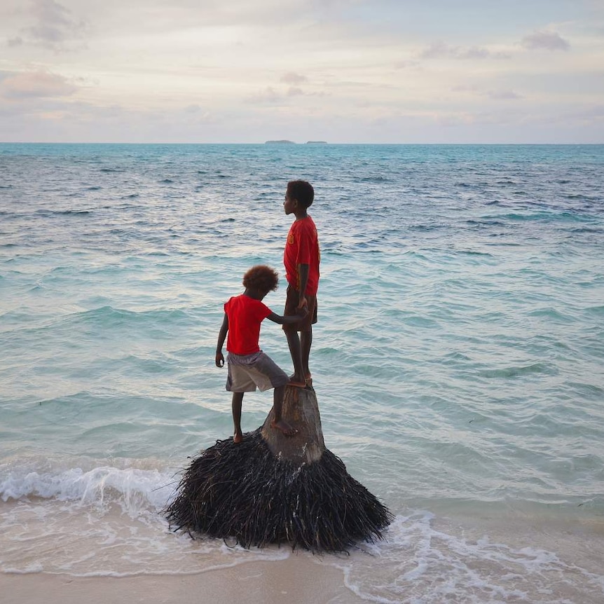 Two boys stand on a small tree stump on the edge of the water.