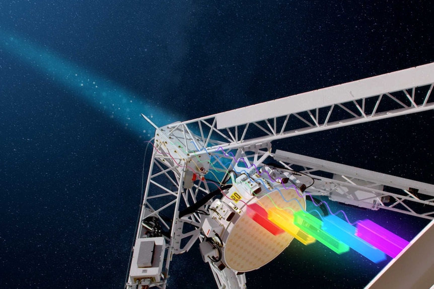 A graphic showing a beam of light hitting a telescope.