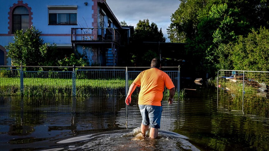 A man in a high-vis shirt wades through flood water towards a double storey home in Windsor, in Sydney's west.
