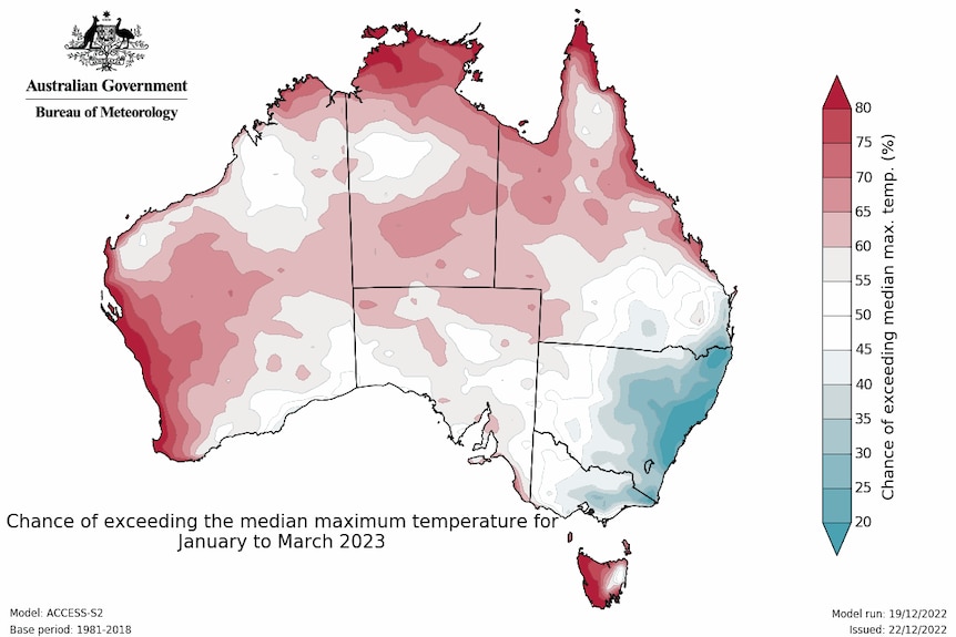 3 month outlook for the next 3 months indicated warmer than average maximums likely across Australia