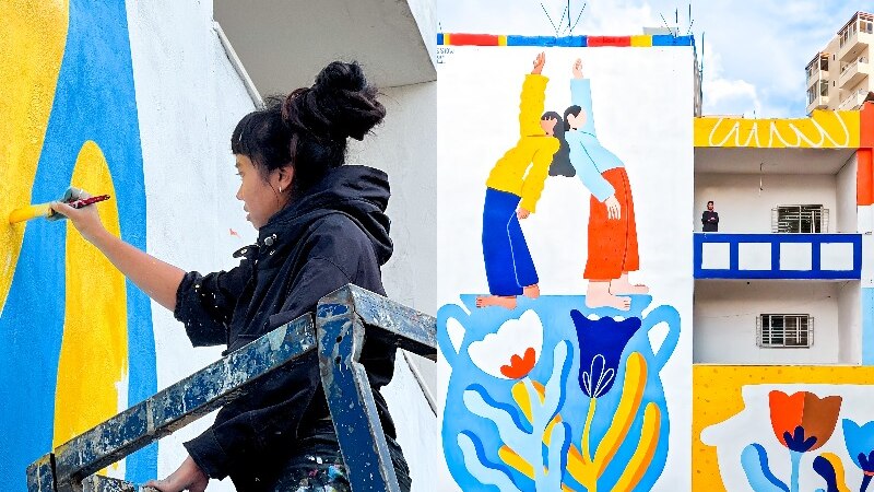 Two images of a woman painting a mural in Athens.