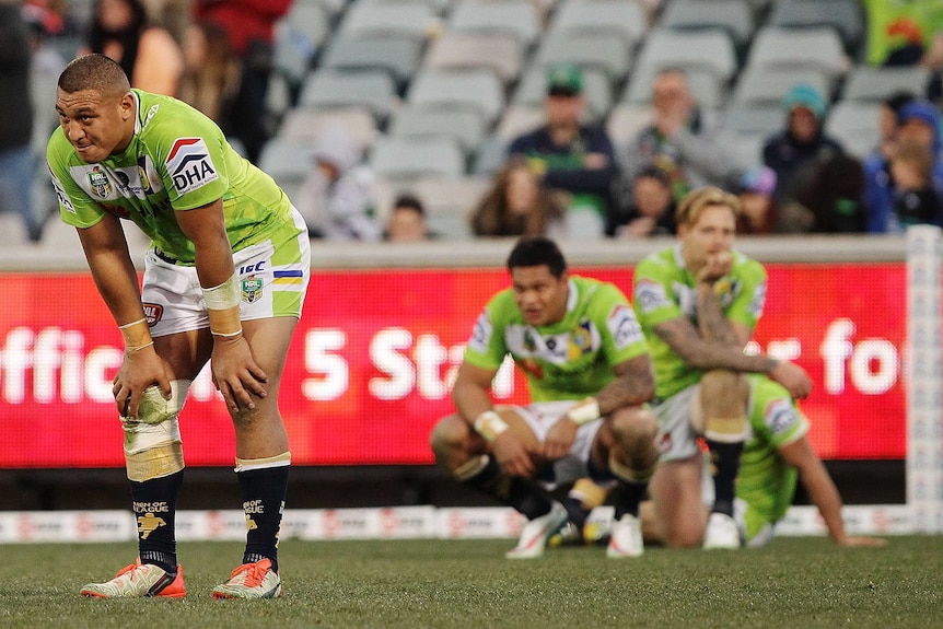 Canberra Raiders Josh Papalii, BJ Leilua and Blake Austin