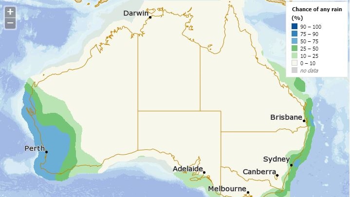 A map of Australia showing a big rainfall patch over South West WA.