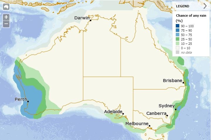 A map of Australia showing a big rainfall patch over South West WA.