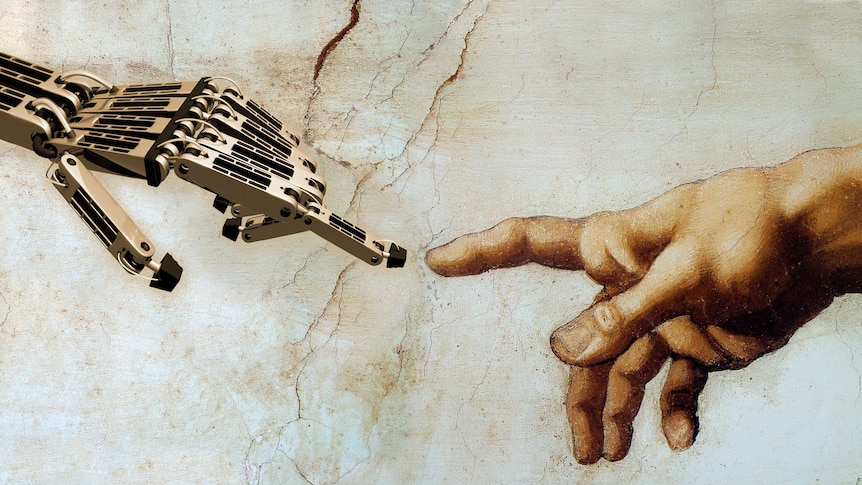 Two hands touch as in Michelangelo's Creation of Adam, but one is robotic