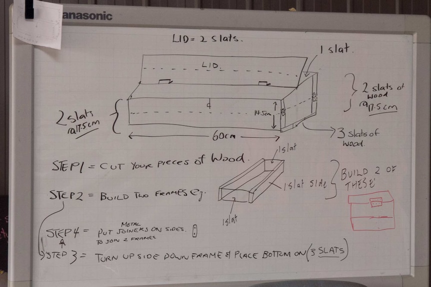 A white board with writing and a picture of a wooden box and the steps involved in making it
