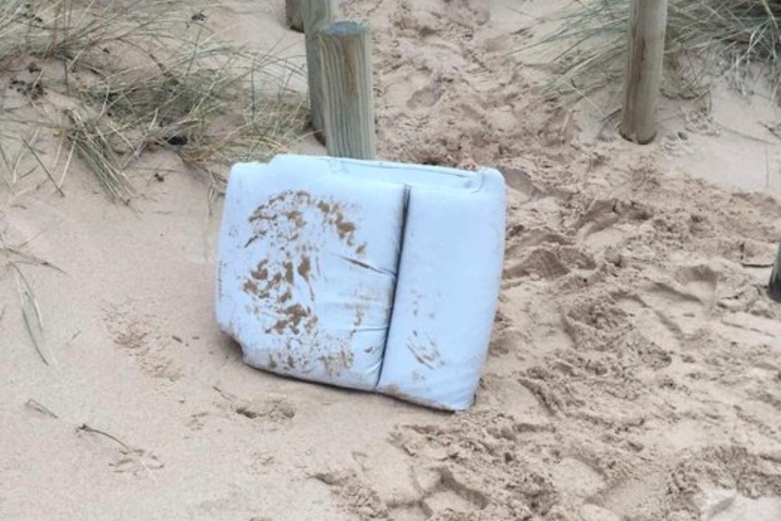 A plane cushion sits on a beach, against a wooden stump