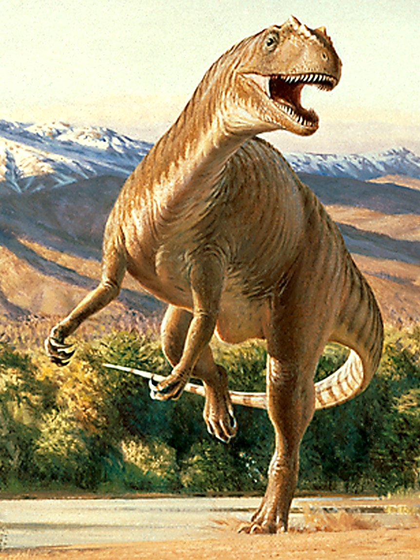 A huge carnivorous dinosaur walks on large hind legs with small arms