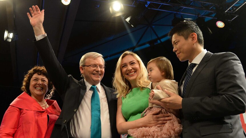 Kevin Rudd with wife Therese Rein and family at the Labor launch.