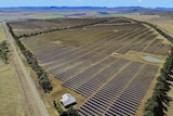 Aerial picture with artist's impression of solar farm on Warwick farmland