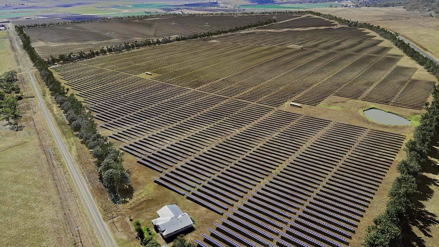 Aerial picture with artist's impression of solar farm on Warwick farmland