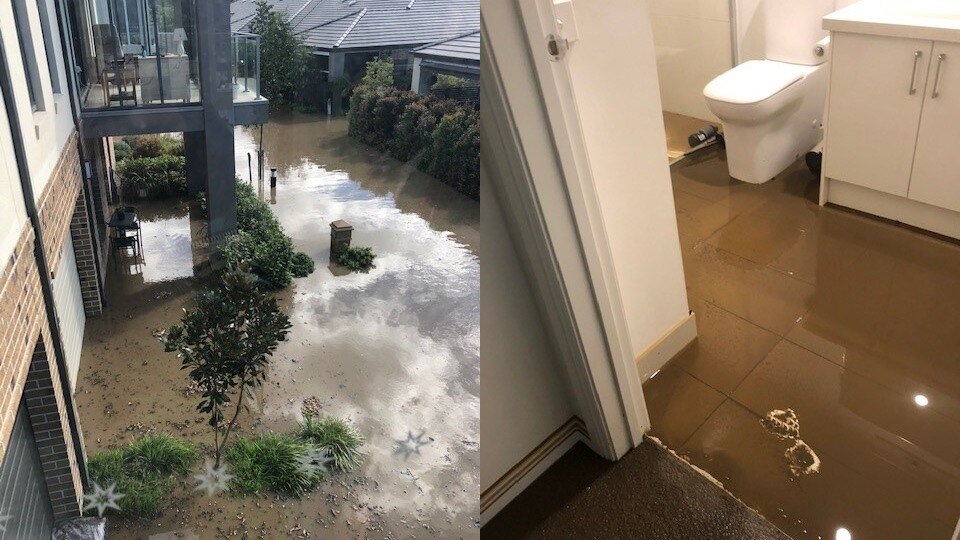 A composite showing a flooded roadway and bathroom at a retirement village.