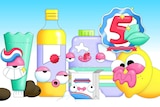 Illustration of toothpaste, oil, bicarb and lemon characters for story about cleaning products found in the pantry