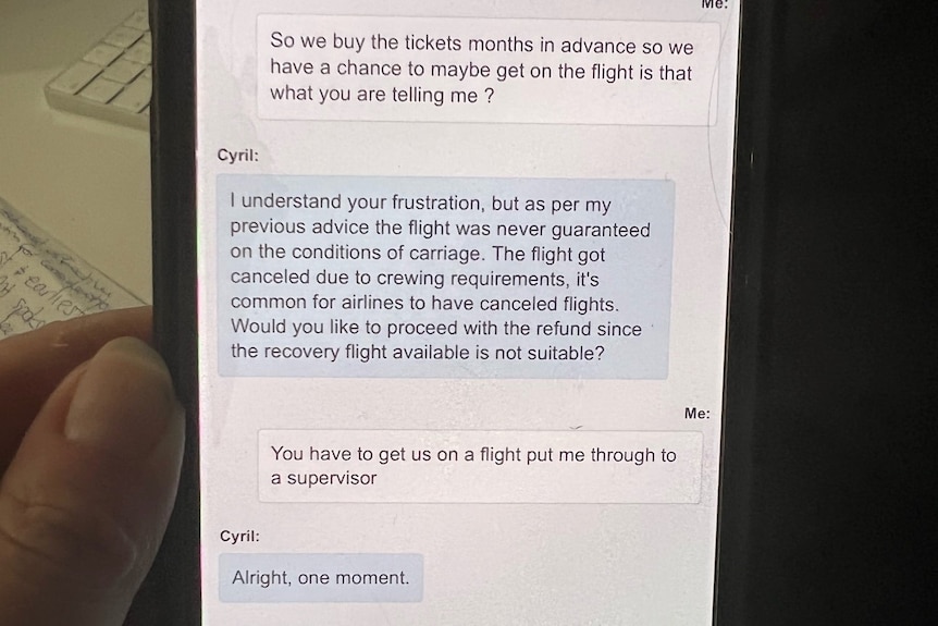 Shot of a mobile phone showing messages between a WA man and a Jetstar staff member. 