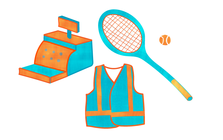 Illustration of various occupations, including tradesman, cashier, and athlete.