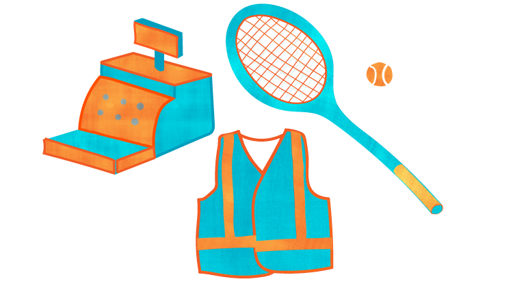 Illustration of various occupations, including tradesman, cashier, and athlete.