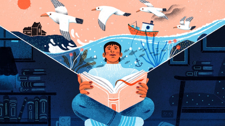 An illustration of a person holding a book open and out of it pours a sea image with birds, boat and house on an island