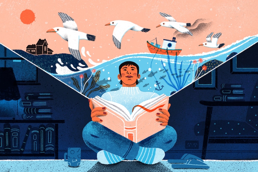 An illustration of a person holding a book open and out of it pours a sea image with birds, boat and house on an island