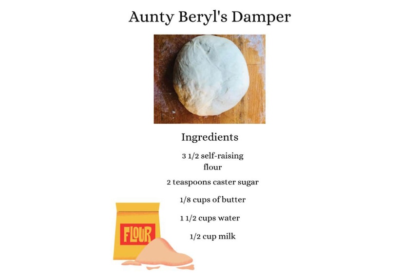 A photo of damper dough with the recipe written beneath