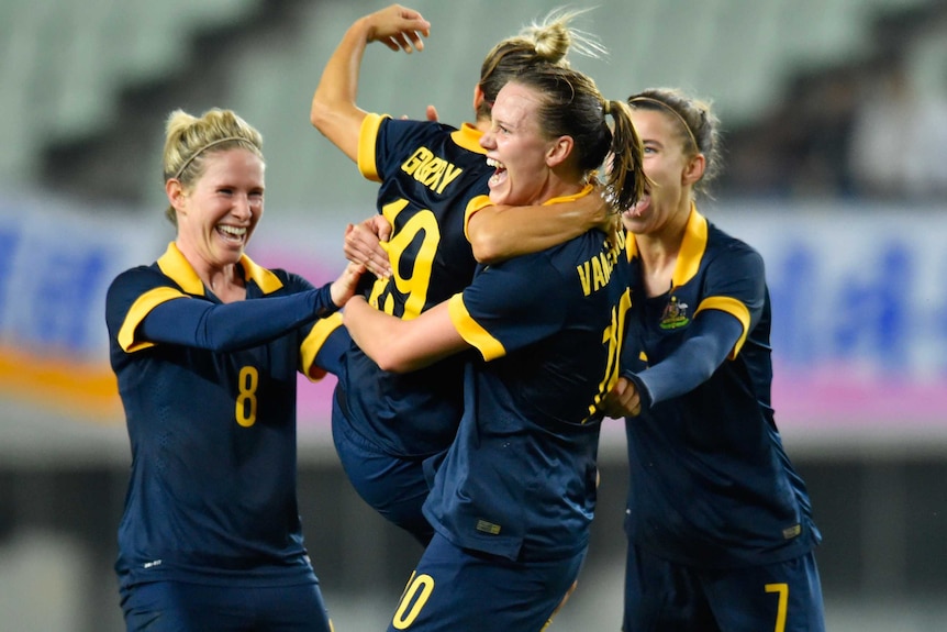 Matildas celebrate scoring second goal