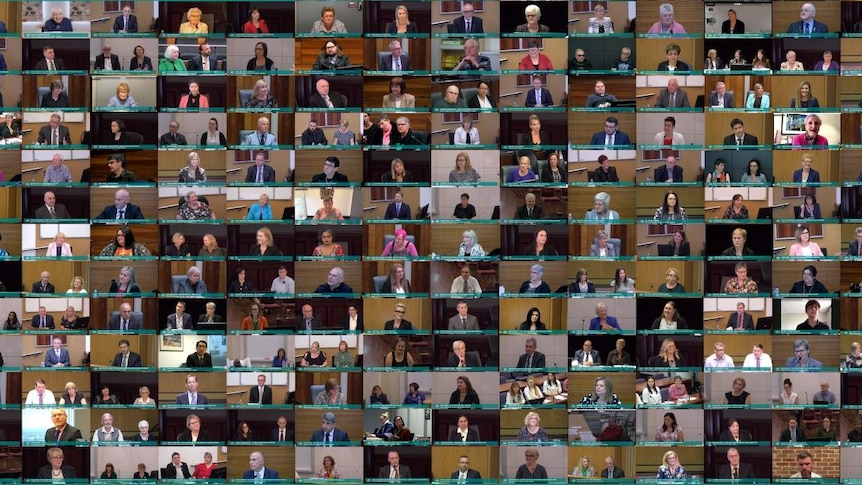 A collage of tens of people's faces, all of whom gave evidence at the aged care royal commission.