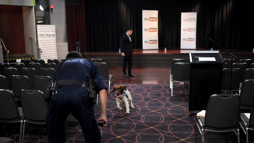 A sniffer dog searches the room at the Rooty Hill RSL