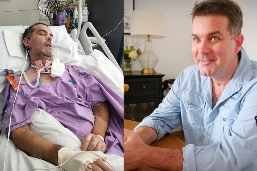 Left of the image a man lies in a hospital bed with multiple chords and tubes, to the right the man leans on a table smiling