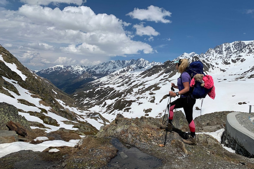 Eliza Bartlett looking out over Great Saint Bernard Pass in Switzerland.