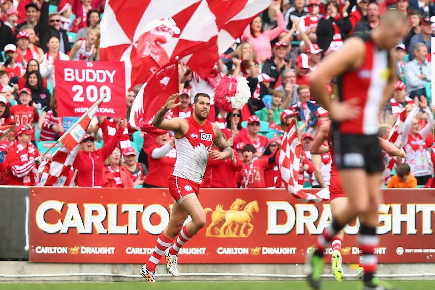 Sydney's Lance Franklin celebrates a goal against St Kilda at the SCG  in round 21, 2014.