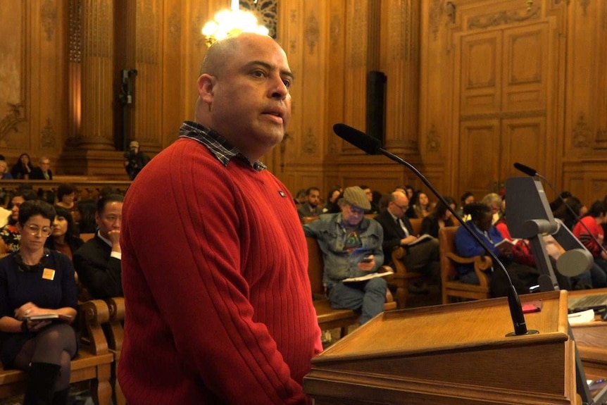 Joaquin Sotelo, who is facing deportation, addresses San Francisco officials.