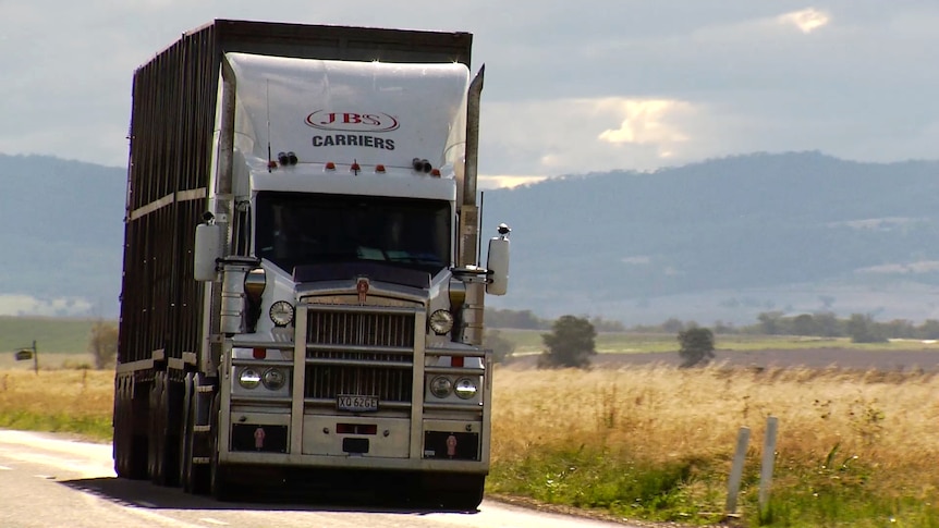 A truck with the name 'JBS Carriers' on it, drives on a road in a regional area.