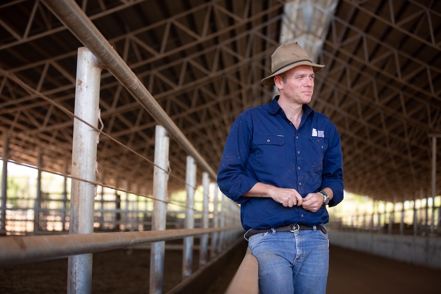 A man in a blue shirt and hat stands in empty cattle yards