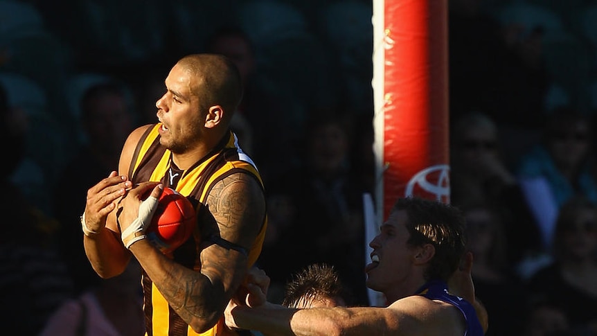 Six goals... Lance Franklin marks in Launceston.