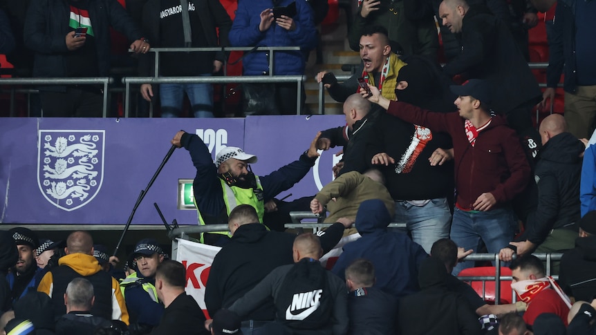 A police office swinging his baton at a fan during a World Cup qualifier soccer match