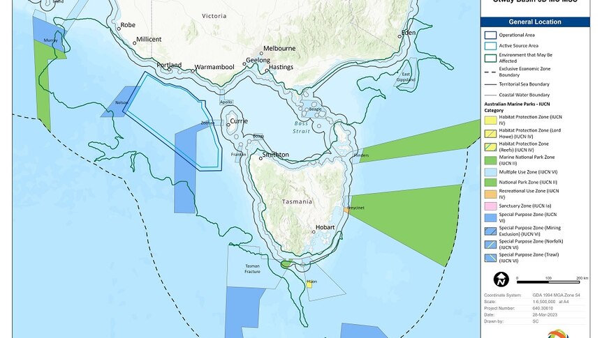 A map showing an area of Bass Strait which is planned for seismic testing