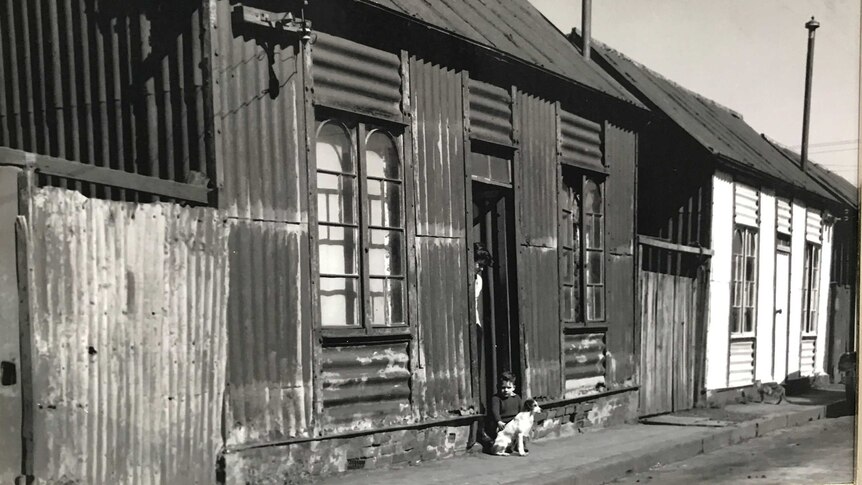 A young boy sits on the front step of a corrugated iron house with a dog as an adult pokes their head out the door.