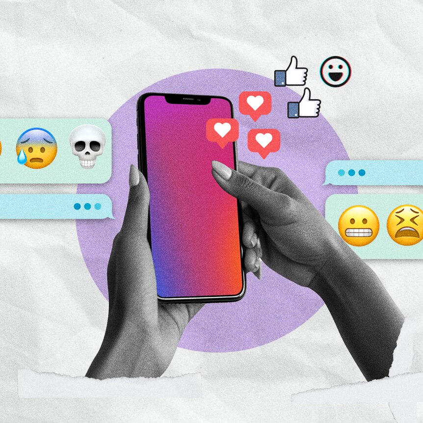 A woman’s hands holding a smartphone, surrounded by images of upset emojis.