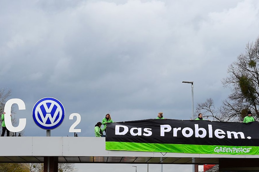 Greenpeace activists demonstrate at the Volkswagen plant in Wolfsburg central Germany