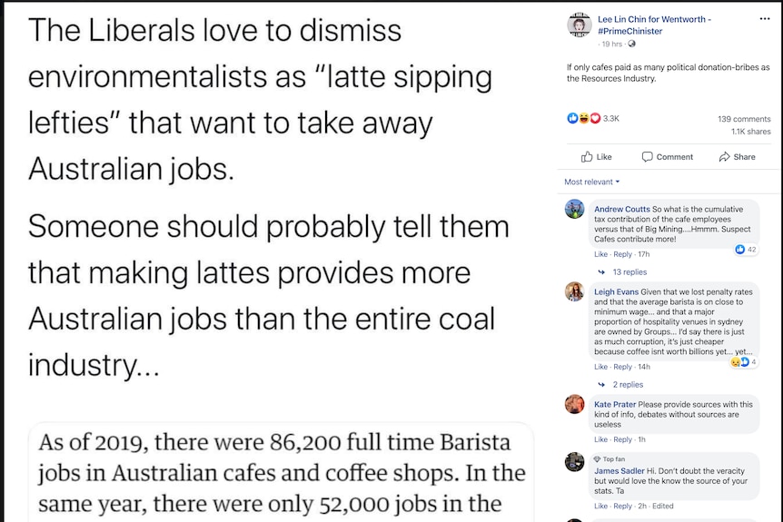 A Facebook post from Lee Lin Chin #primechinister account claiming there are more full-time baristas than coal workers