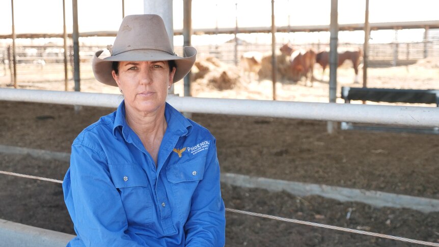A woman wearing a blue shirt and cowboy hat.