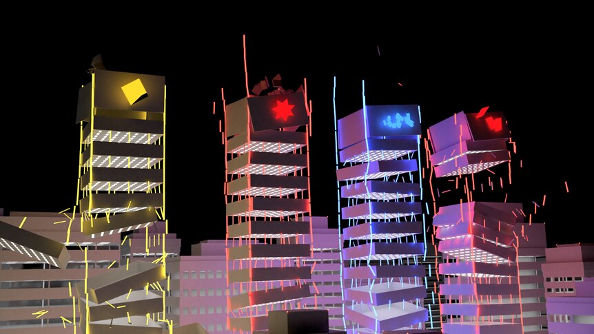 A 3D animation of office towers bearing the logo of the big four banks — ANZ, CBA, NAB and Westpac — collapsing.