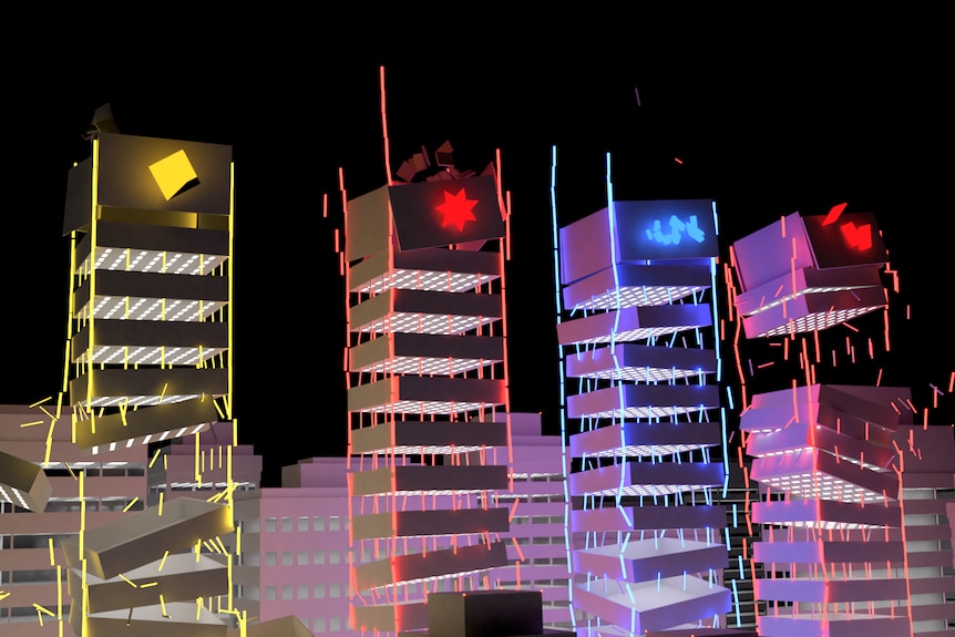 A 3D animation of office towers bearing the logo of the big four banks — ANZ, CBA, NAB and Westpac — collapsing.