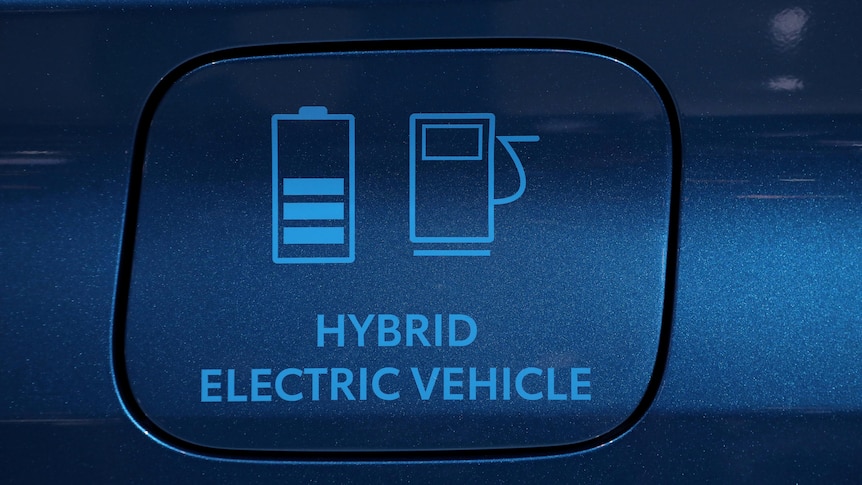 A car fuel door showing petrol and electric options.