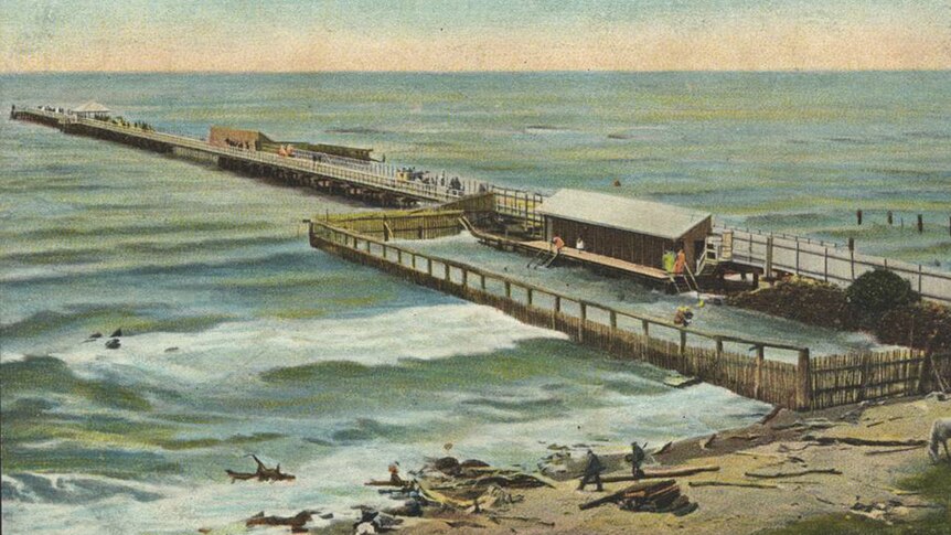 An illustration of an old pier over the water.